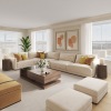a living room with many windows, wood-style flooring and ample space for seating