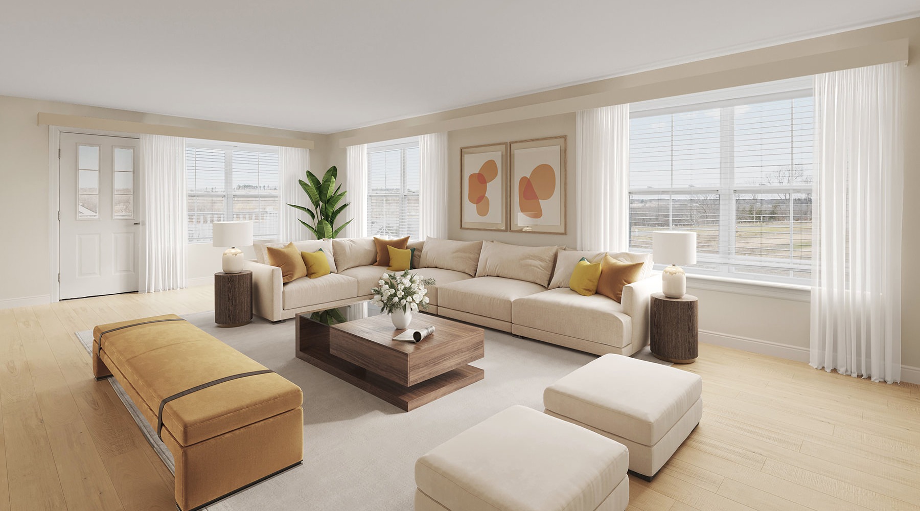 Your Story, Your Home. a living room with many windows, wood-style flooring and ample space for seating